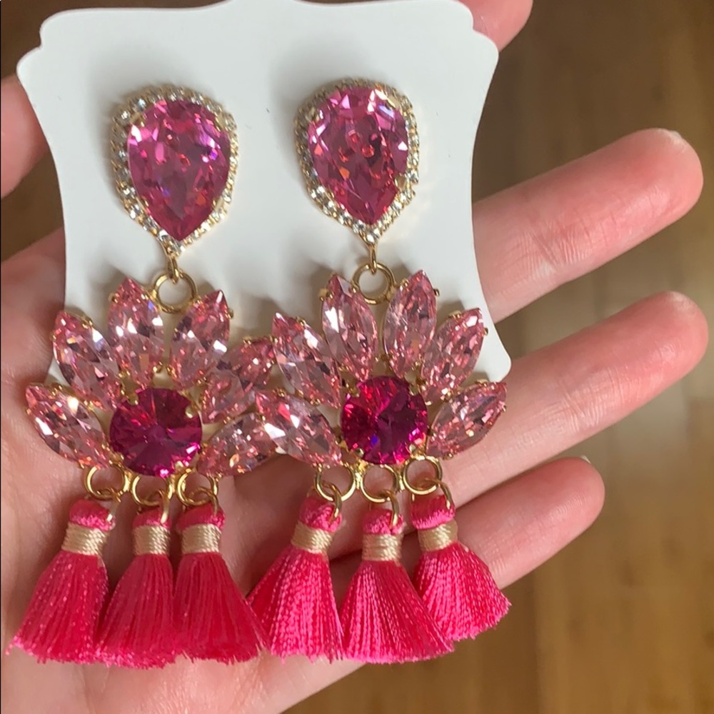 Hot pink crystal tassel statement earrings